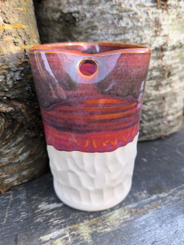 Ceramic Purple and red Straw Tumbler with textured raw clay on the base. Handmade pottery, using stoneware clay. Dishwasher safe.